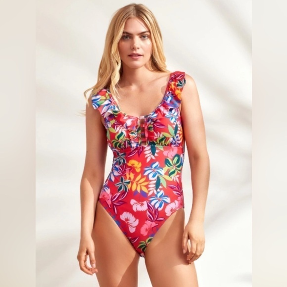 Caribbean Joe Ruffle Sleeve Adjustable Strap Coral Orange Floral Swimsuit 14 - Picture 3 of 9